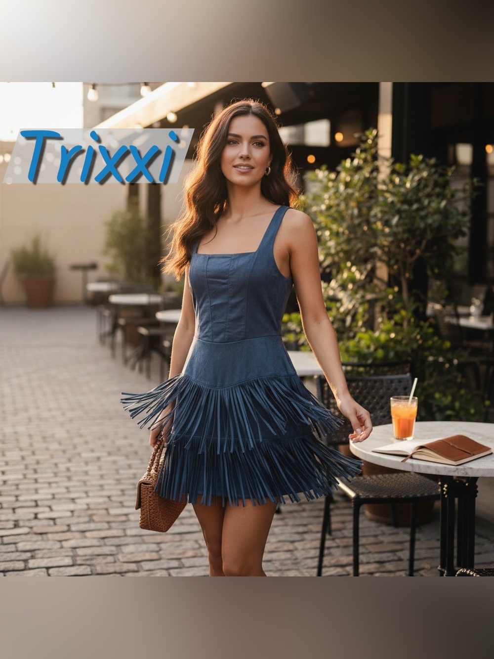 Trixxi Navy Fringe Denim Mini Dress
